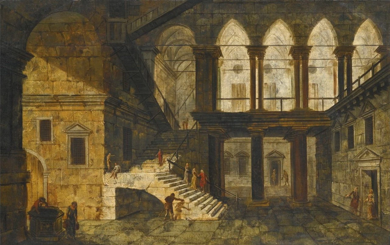 Fantasia architettonica con una scala in un cortile